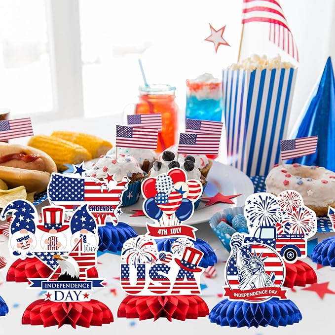 4th of July Honeycomb Centerpieces - 9PCS Patriotic Themed Table Decorations, Red White Blue Independence Day Party Supplies for Patriotic Events American Theme Gatherings