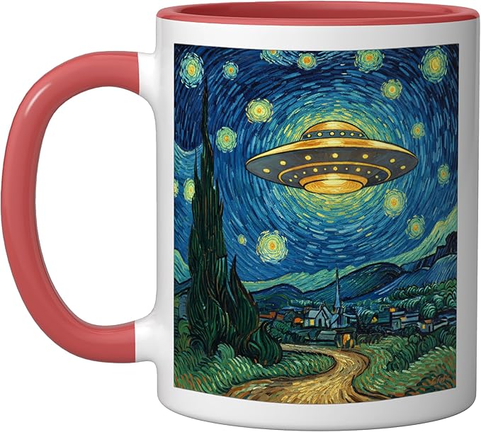 Ufo Over Starry Night Van Gogh Style Sci Fi Saucer Art Ceramic Mug, Red/White