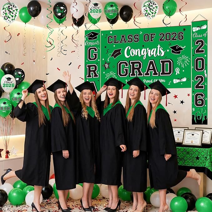 Graduation Decorations Class of 2026 - Green Graduation Party Supplies Include Grad Backdrop, Banner, Hanging Swirls, Porch Sign, Balloons, Foil Number 2026 for Congrats Grad Party Decorations