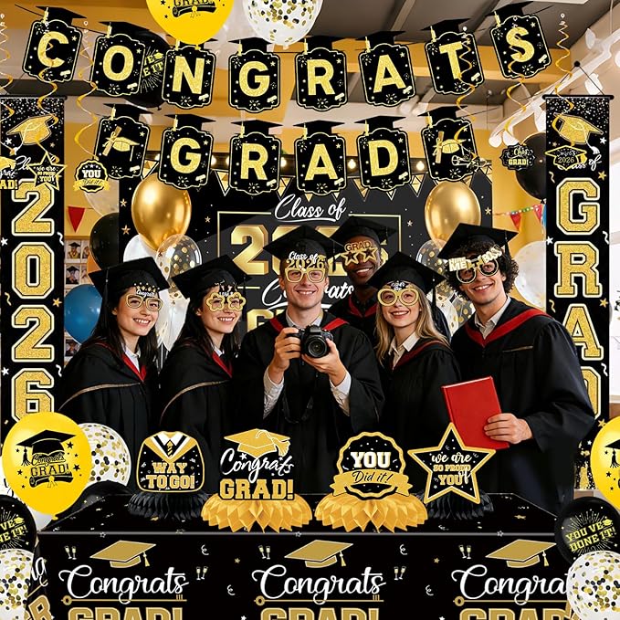 Graduation Decorations 2026 Set - Congrats Grad Banner, Class of 2026 Backdrop, Couplet, Honeycomb,Spiral, Photo Prop Frame Graduation Theme Masks Tablecloth Balloons Kit for Grad Party Decorations