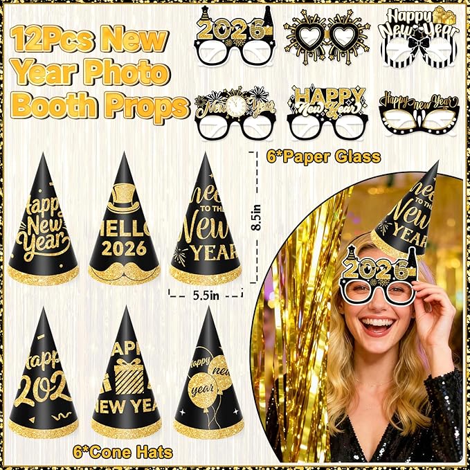 New Year Decorations 2026, Black Gold New Years Eve Party Supplies 2026 with Happy New Year Banner Cone Hat Paper Glasses Fringe Curtains 32inch 2026 Balloons for Happy New Years 2026 Decorations
