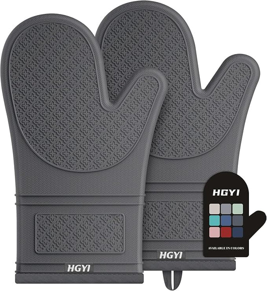 Silicone Oven Mitts, Heat Resistant Oven Gloves with Quilted Liner, Waterproof & Non-Slip Kitchen Mittens for Baking Cooking BBQ, 500°F, 12.5"-Deep Gary