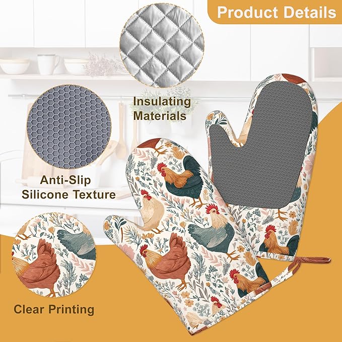 Cute Roosters Chicken Hens Oven Mitts and Pot Holders Set of 4, Heat Resistant Non Slip Plants Kitchen Gloves Hot Pads,Chef Cooking Baking Gifts for Women Bakers,Kitchen Cooking Lover Cooks
