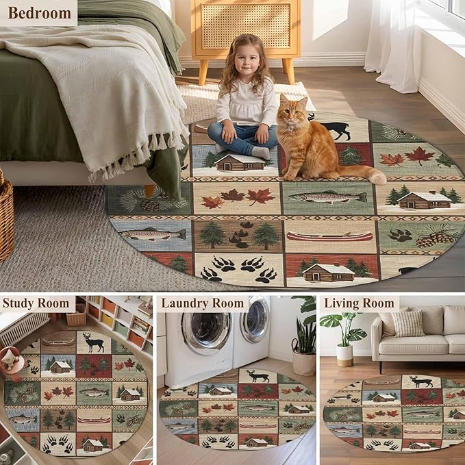 Washable Round Area Rug Vintage Bear Forest Deer Fish Village Circle Rugs Floor Carpet for Living Room Bedroom, Retro Wildlife Themes Soft Non Slip Round Rug 3ft