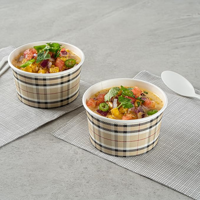 Coppetta 8 Ounce Dessert Cups, 80 Disposable Ice Cream Cups - Lids Sold Separately, Sturdy, Plaid Paper FroYo Bowls, For Hot And Cold Foods, Perfect For Gelato Or Mousse - Restaurantware