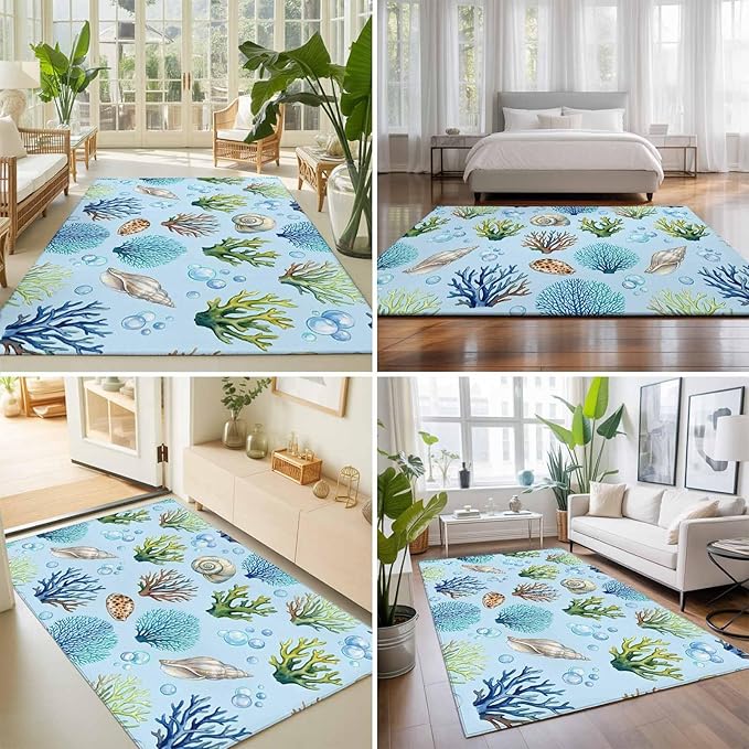 Area Rug 8x10ft, Coastal Shell Coral Bubble Washable Rugs for Living Room Bedroom, Nautical Ocean Blue Underwater Scene Soft Non-Slip Area Rugs Rectangle Floor Carpet for Dining Room
