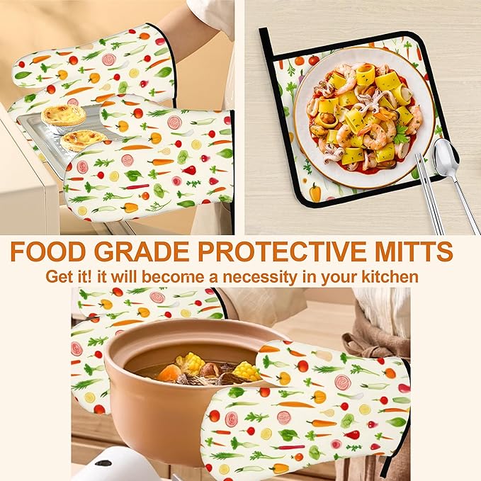 Oven Mitts and Hot Pads Set - Vegetables Pattern Funny Design, Heat Resistant Cute Pot Holders for Kitchen, Baking Gifts for Women