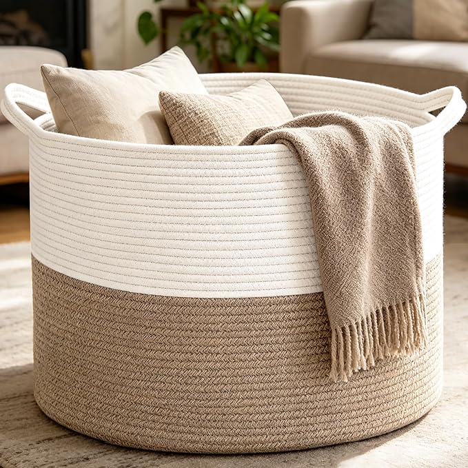 Large Woven Blanket Basket,65L Cotton Rope Laundry Basket Hamper with Handles, Decorative Nursery Basket Storage Bin for Toys, Clothes Organizer, Living Room, Bedroom, Bathroom, White & Brown