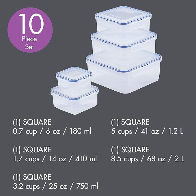 LOCK & LOCK Easy Essentials Food Storage lids/Airtight containers, BPA Free, 10 Piece - Square, Clear (Pack of 3)