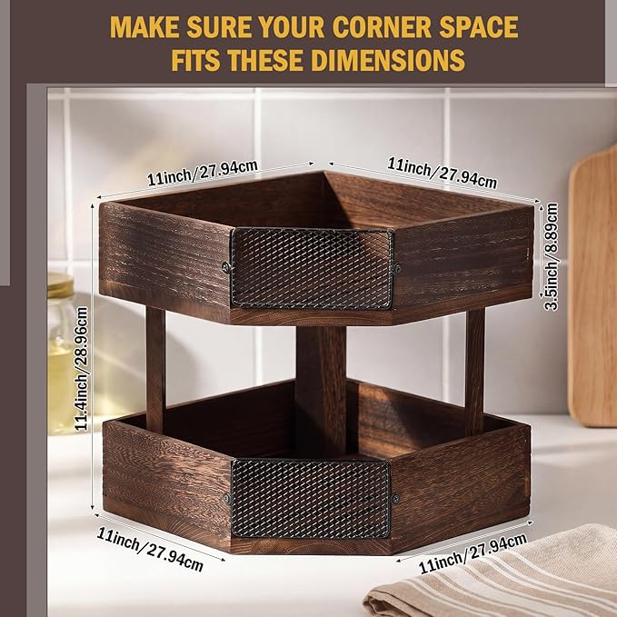Vicenpal 2 Tier Corner Fruit Basket for Kitchen Countertop Wooden Farmhouse Fruit Bowl Vegetable Basket Produce Stand Storage Holder for Onion Potato, Vegetables, Spice Jars, Bread Storage