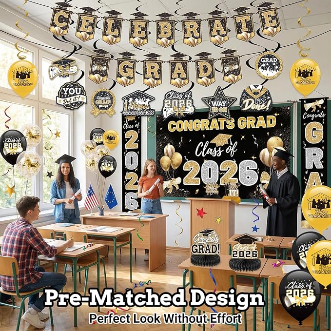Black and Gold 2026 Graduation Party Decor Kit-Includes Backdrop, Banner, Balloons, Hanging Swirls & Honeycomb Centerpieces for Class of 2026 -Full Set for High School and University Graduation Events