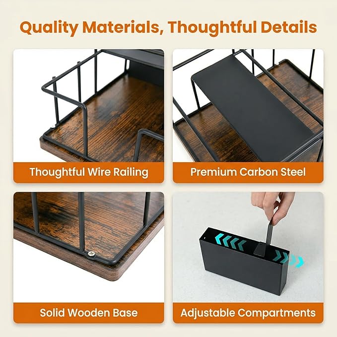 Napkin Holder for Table, 3-in-1 Wood & Metal Utensil Caddy, Cutlery Organizer & Spice Rack for Kitchen Counter, Dining, Outdoor Patio (Black)
