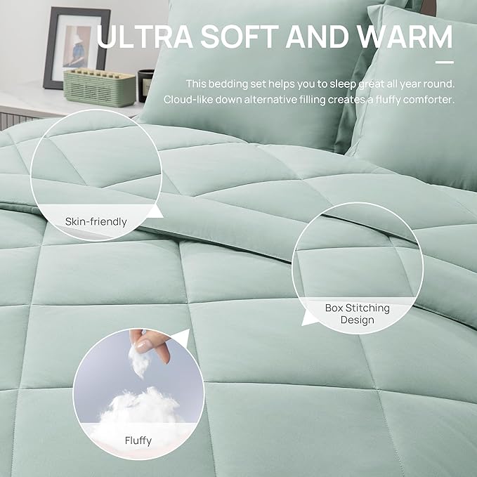 Love's cabin Queen Comforter Set Aqua, 7 Pieces Queen Bed in a Bag, All Season Bedding Sets with 1 Comforter, 1 Flat Sheet, 1 Fitted Sheet, 2 Pillowcase and 2 Pillow Sham | Soft, Breathable, Lightweight, Comfortable