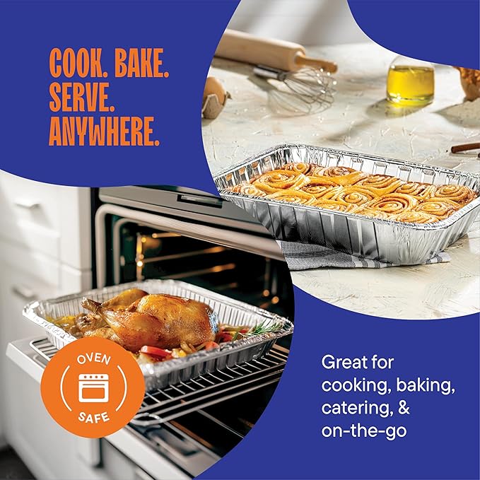 10-Pack Large Aluminum Steam Pans with Lids - 21x13, Heavy Duty for Roasting, Cooking, Warming Food,Silver