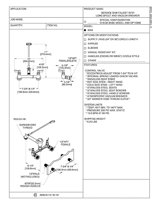 Fisher 8253 8" Adjustable Wall Service Sink Faucet with Long Spout and Vacuum Breaker, and EZ Install Adapters