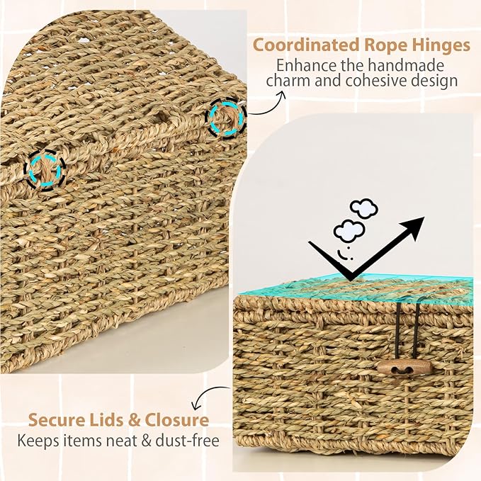 Handwoven Wicker Baskets Decorative Storage Boxes with Lids Set of 3, Natural Seagrass, Nesting Organizer Boxes for Closet, Shelf, Home Decor