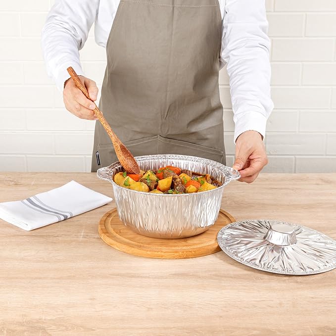 Foil Lux 3.5 Quart Pans And Lids, 10 Disposable Pots With Lids - Oven-Ready, Stove Compatible, Aluminum Foil Baking Pans, Freezable, For Outdoor Camping, Vacation, Picnic, And More - Restaurantware