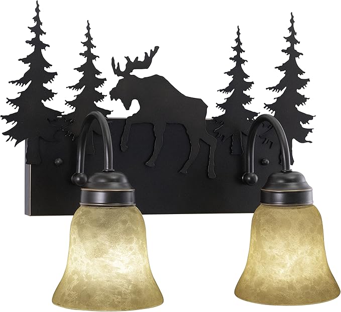 VAXCEL Yellowstone 2-Light 16.75 inch Wide Burnished Bronze Rustic Cabin Bathroom Vanity Lighting Fixture, Amber Flake Glass Shade, Moose, Trees, Dimmable LED Compatible Over the Mirror Wall Mounted