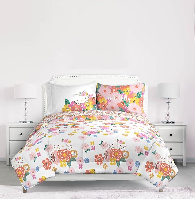 Jay Franco Hello Kitty Queen Size Comforter Set - 7 Piece Bedding Includes Sheet Set & Pillow Covers - Super Soft Floral Bedding