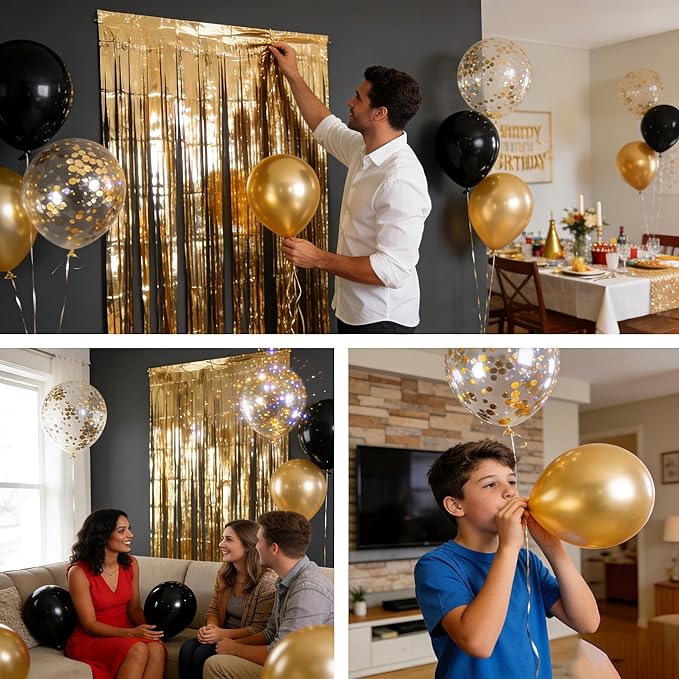 Gold Foil Party Curtain Kit with Balloons & Garland – 2-Pack Metallic Fringe Backdrop (3.28×6.56 ft) for Christmas, Graduation, Birthday Photo Booth New Year Decorations