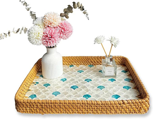 Rattan Tray Rectangle with Mother of Pearl – Unique Decorative Rattan Serving Tray for Food, Bread, Fruits, Snacks & Organizing Bathroom, Coffee Table – Christmas & Housewarming Gift (Fin 13.3"x9.4")