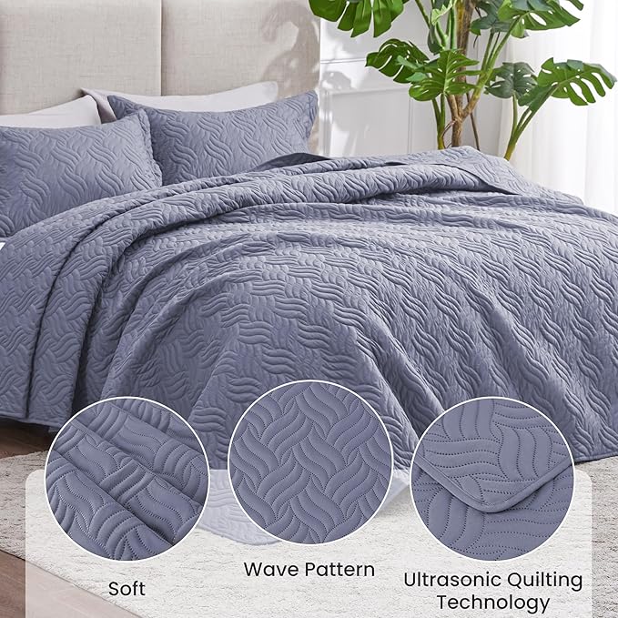 Love's cabin California King Size Quilt Bedding Set Blue Bedspread - Cal King Summer Lightweight Bedspread Comforter - Wave Pattern Coverlet for All Season - 3 Pieces (1 Quilt, 2 Pillow Shams)