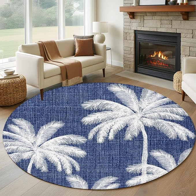 Washable Round Area Rug Coastal Palm Trees on Blue Circle Rugs Floor Carpet for Living Room Bedroom, Minimalist Tropical Leaves Soft Non Slip Round Rug 5ft