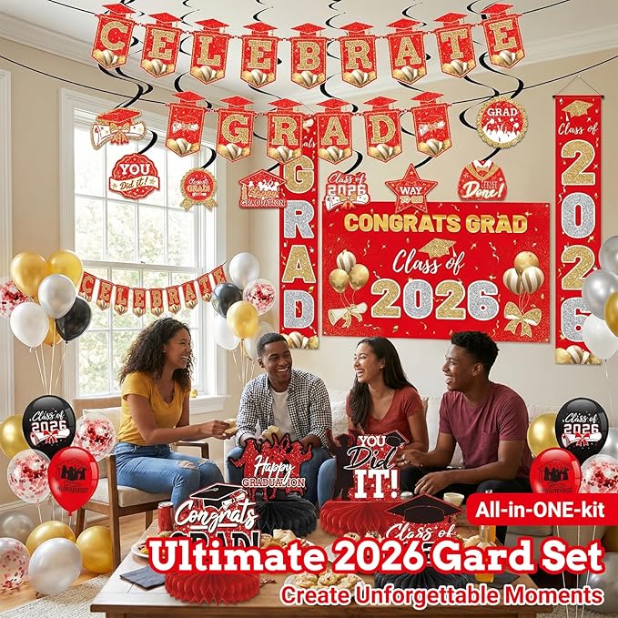 Red 2026 Graduation Party Decor Kit-Includes Backdrop, Banner, Balloons, Hanging Ornaments & Honeycomb Decorations for Class of 2026 -Full Set for High School and University Graduation Events