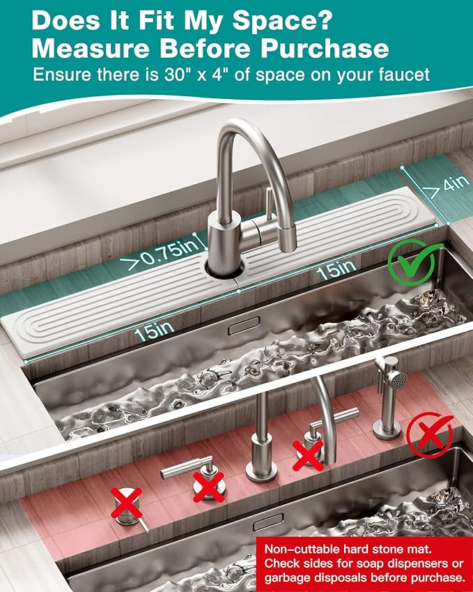 Stone Faucet Mat for Kitchen Sink, Diatomite Sink Protectors - Prevent Moisture Drying Stone Tray Fit Kitchen Counter & Bathroom Counter (White, 30"L x 4"W)