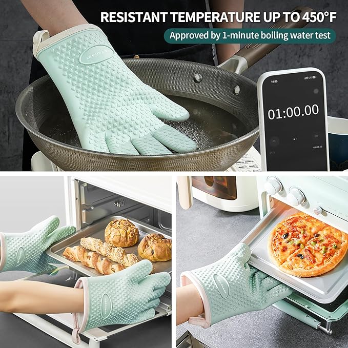 MAD SHARK Silicone Oven Mitts Heat Resistant 450°F,Waterproof & Non-Slip Oven Gloves with Fingers,Cotton Lined Silicone Oven Gloves Kitchen Mitts for Baking Cooking Barbecue,Women (Green)
