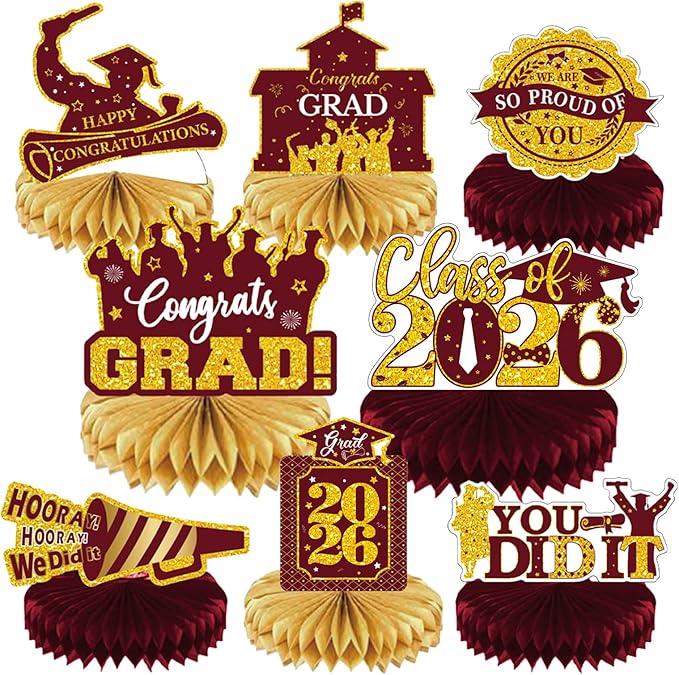 2026 Graduation Party Decorations - 8 Pcs Maroon Gold Class of 2026 Graduation Party Table Decor Honeycomb Centerpieces for Tables Congratulate for 2026 Congrats Grad Party Supplies
