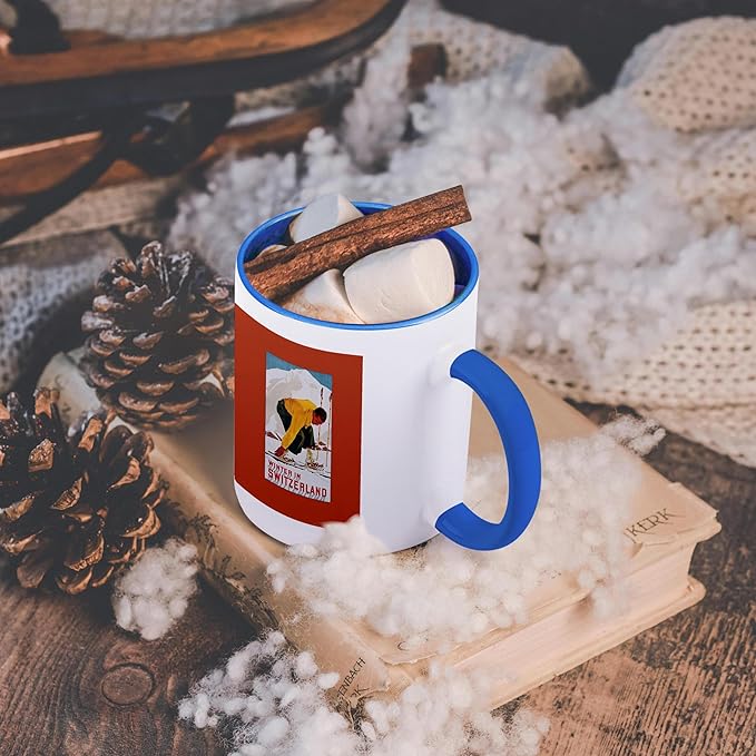 3dRose Winter in Switzerland Man Putting on his Skis Luggage Label 15oz Two-Tone Blue Mug