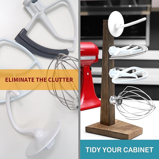 Besuerte Stand Mixer Attachment Holder, Wooden Counter Stand Holder with 4-pack Plastic Hangers Kitchen Accessories Storage Organizer Compatible with Kitchenaid Mixer Attachments for Space-saving