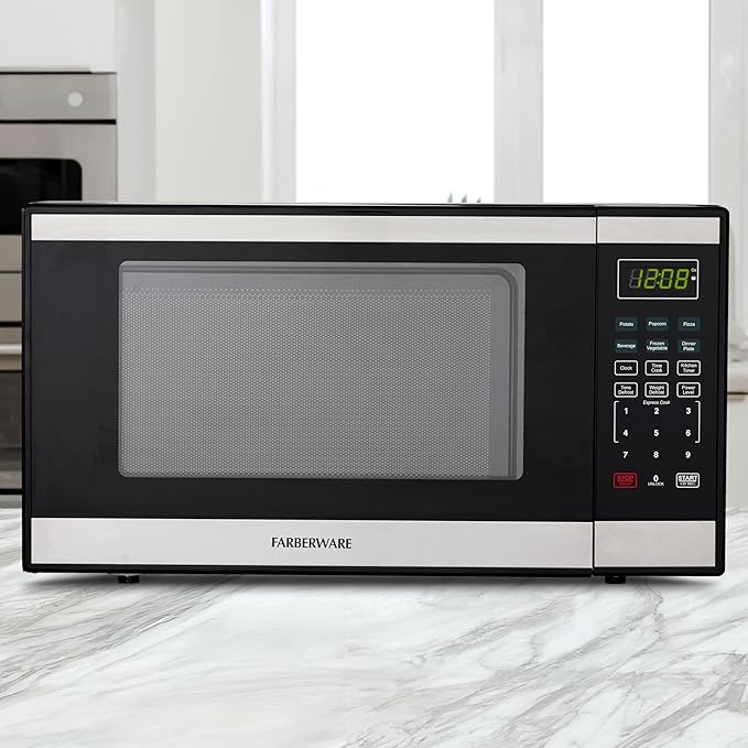 Farberware 1.3 Cu. Ft. Countertop Microwave Oven – 1000 Watts Power, Auto Cook Settings, Defrost, Easy Clean and Child Safety Lock - Stainless