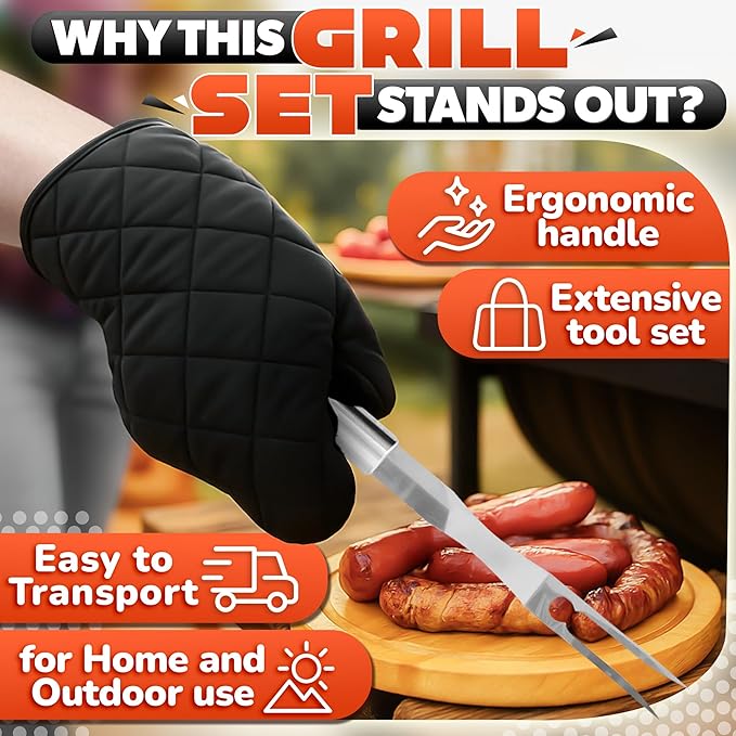 27 Pcs Grill Set for Outdoor Grill – Durable Stainless Steel Barbecue Tool Sets with Case, Thermometer & Mitt – Birthday Ideas for Men, Grill Accessories for Backyard BBQ & Cooking