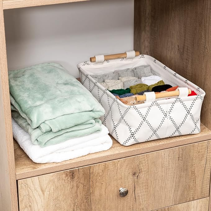 Decorative Collapsible Rectangular Fabric Storage Bin Organizer Basket with Wooden Handles for Clothes Storage,15.4x10.6x5.1 inch,White