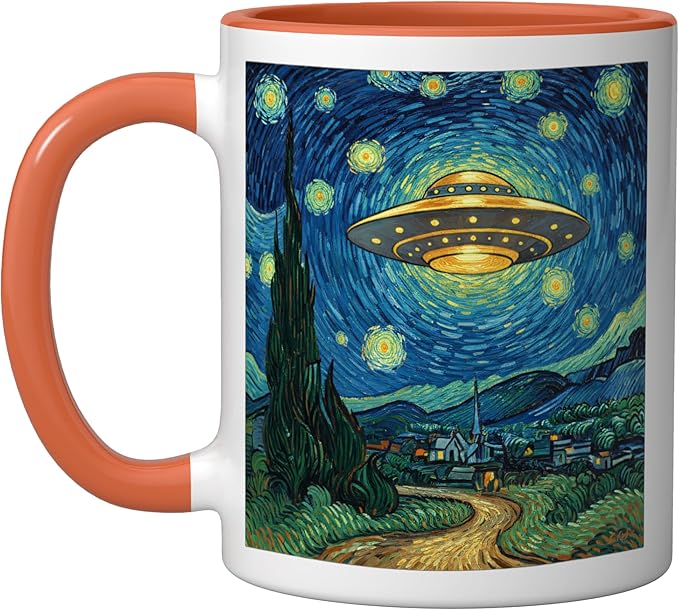 Ufo Over Starry Night Van Gogh Style Sci Fi Saucer Art Ceramic Mug, Orange/White