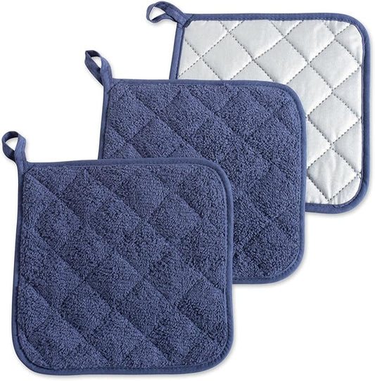 DII Basic Terry Collection Quilted 100% Cotton, Potholder, French Blue, 3 Piece