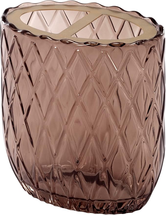 Nicole Miller – Bathroom Accessory Set, Toothbrush Holder and Lotion Dispenser, Embossed Glass with Gold-Tone Accents, Trellis Home Decor – Perfect for Organizing Bathroom Essentials (Bijou Brown)