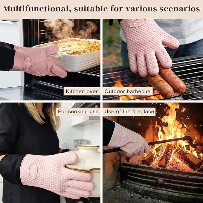 PrettyCare Silicone Oven Mitts, Waterproof & Non-Slip Oven Gloves with Fingers,Cotton Lined Silicone Oven Gloves Kitchen Mitts-Heat Resistant for Baking Cooking BBQ,Women（Pink