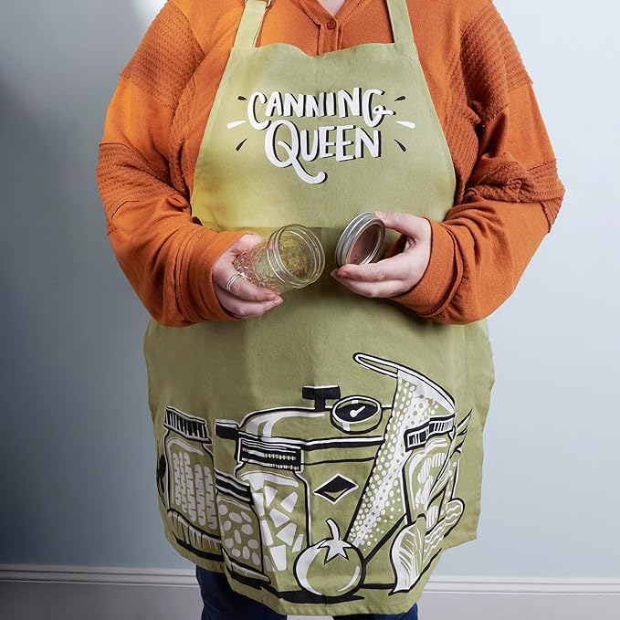Primitives by Kathy Homestead Canning Apron, Canning Queen Sentiment, 100% Cotton, Hand Illustrated Design, Adjustable Neck and Waist, Machine Washable, Green