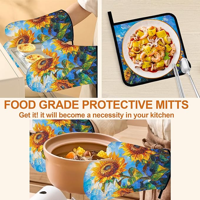 Sunflower Pattern Oven Gloves and Hot Pads Set - Heatproof Hand Protection for Baking, Grilling, Cooking 4Pcs