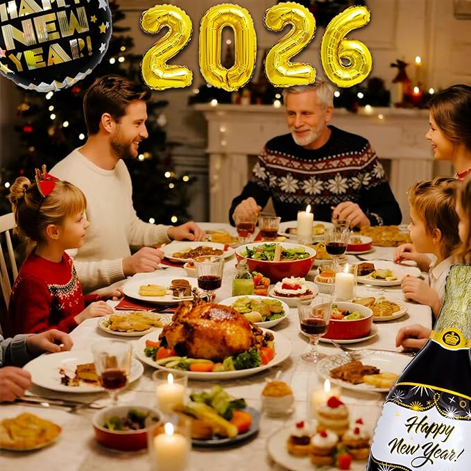2026 New Year Decorations Kit, 2026 Happy New Years Eve Party Supplies with Foil Balloons Happy New Year Banner, Balloons, Champagne Foil tassel Curtain for New Years Party Decoration