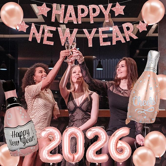 New Years Eve Party Supplies 2026 Rose Gold Happy New Year Decorations Happy New Year Banner 2026 Foil Balloons Backdrop for Rose Gold New Year's Eve Party Supplies