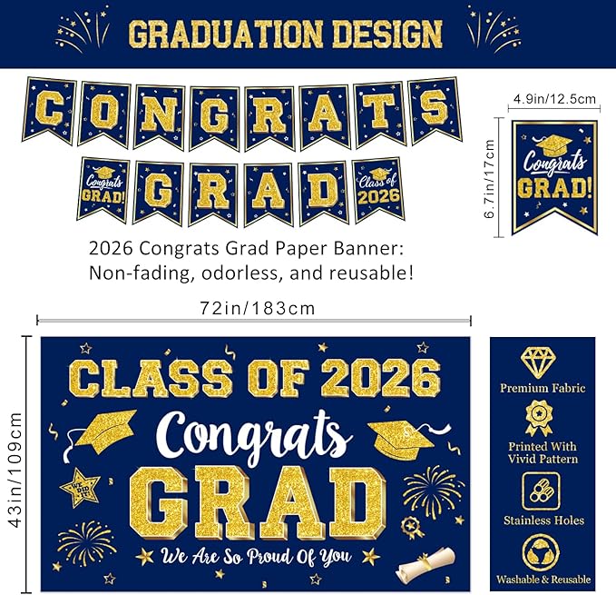 Graduation Navy Blue Gold Decorations Include Grad Backdrop, Banner, Hanging Swirls, Porch Sign, Balloons for Congrats Grad Party Decorations