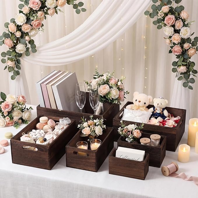 AceOrbit Set of 6 Wood Crates with Handles, Rustic Decorative Storage Boxes Distressed Wooden Nesting Display Baskets for Farmhouse, Wedding, Party Storage Display Supplies (Dark Brown)