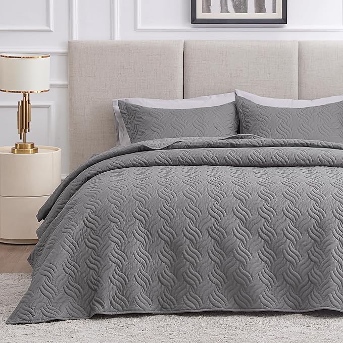 Love's cabin Quilts for Full Bed Grey Bedspreads Bedding Set - Lightweight Bedspread Comforter - Wave Pattern Bedding Coverlet for All Season - 3 Pieces (1 Quilt, 2 Pillow Shams)