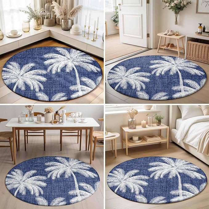 Washable Round Area Rug Coastal Palm Trees on Blue Circle Rugs Floor Carpet for Living Room Bedroom, Minimalist Tropical Leaves Soft Non Slip Round Rug 5ft
