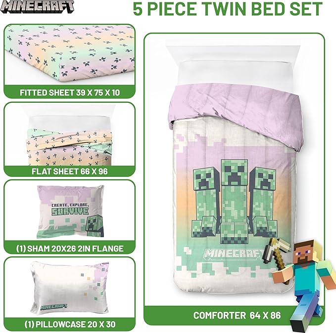 Minecraft Creeper Twin Comforter Set - 5 Piece Bedding Includes Sheet Set & Pillow Covers - Super Soft Pink & Green Kids Bedding
