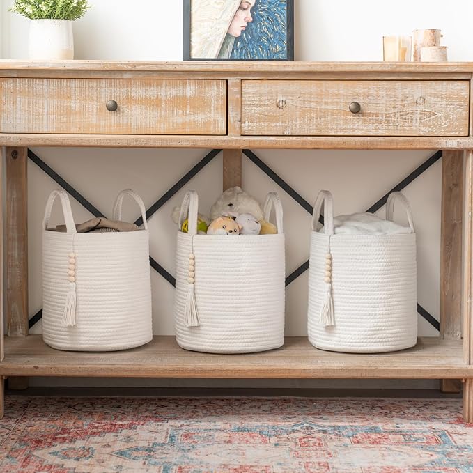 Mkono Woven Storage Basket with Handles Decorative Cotton Rope Basket Wooden Bead Decoration for Blankets,Toys,Clothes,Living Room Home Decor, 11", White